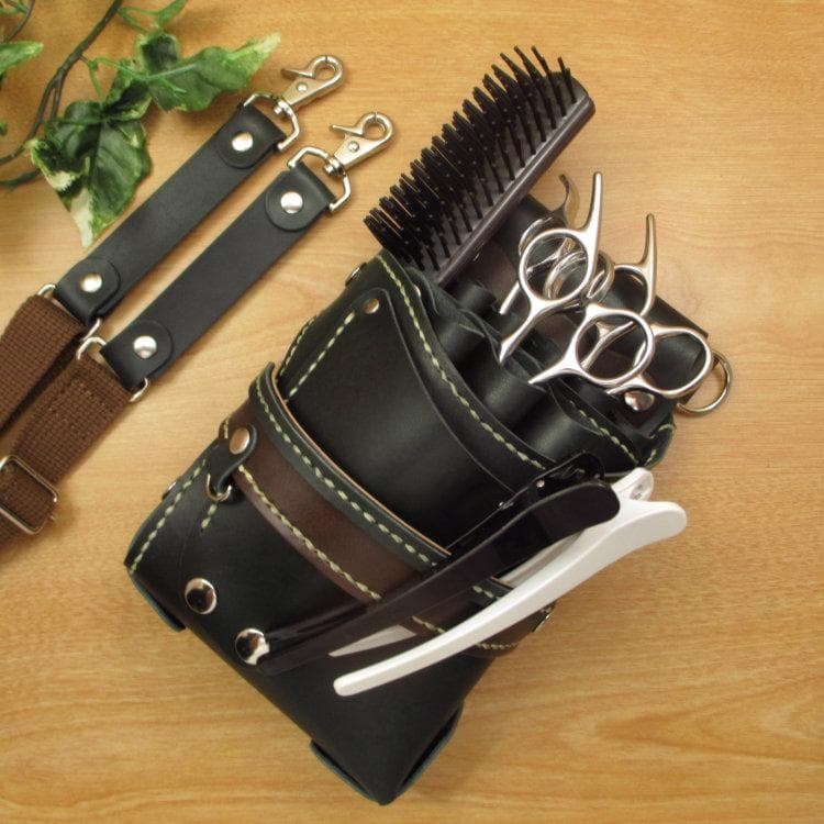 ☆特別価格☆濃いグリーン＆焦げ茶　８丁　本革シザーケース　SCA-143/AGA