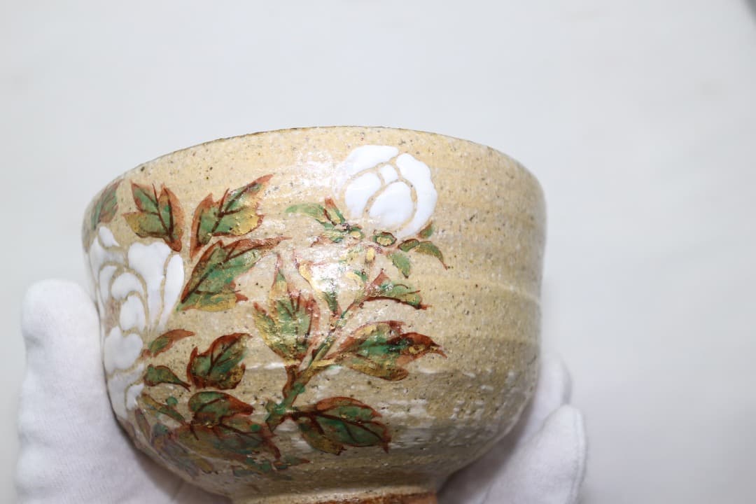 京焼 中村良二 灰釉 牡丹絵 茶碗 茶道具 共箱 共布