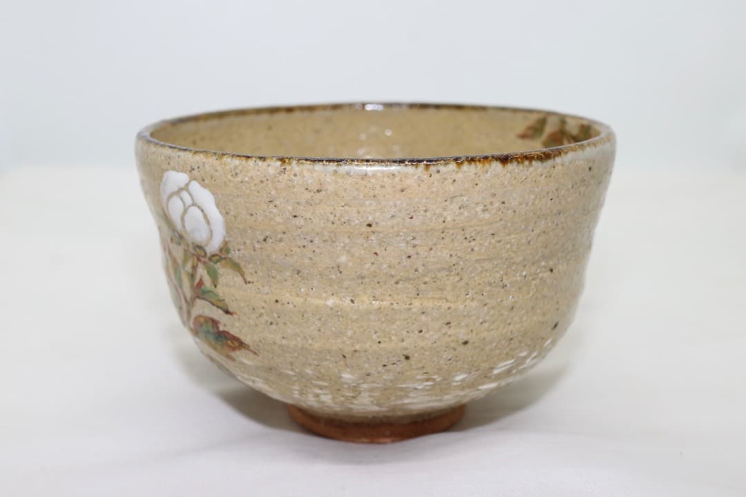 京焼 中村良二 灰釉 牡丹絵 茶碗 茶道具 共箱 共布