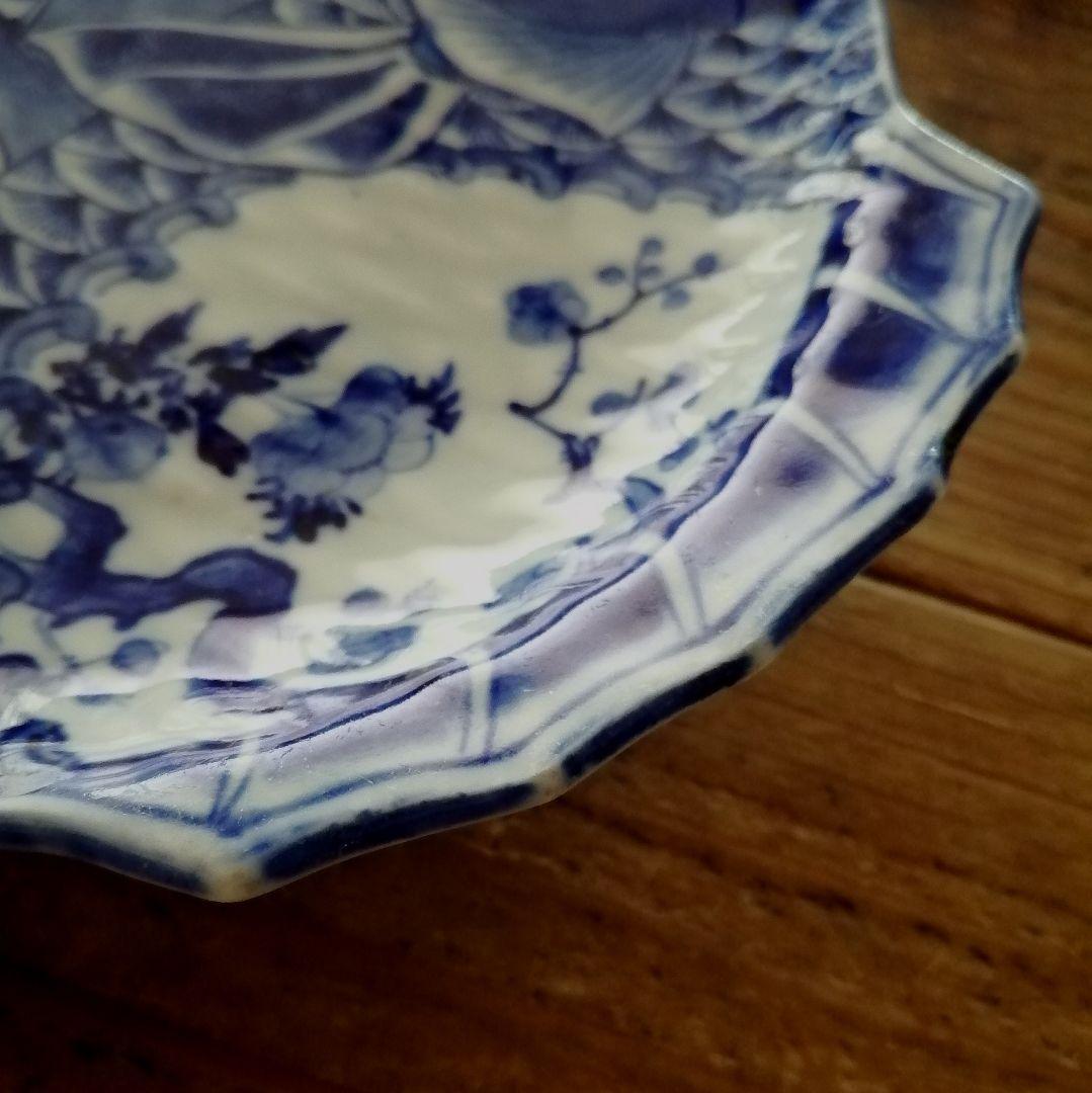 明治時代　梶原菊三郎　海老　梅　染付　魚形皿