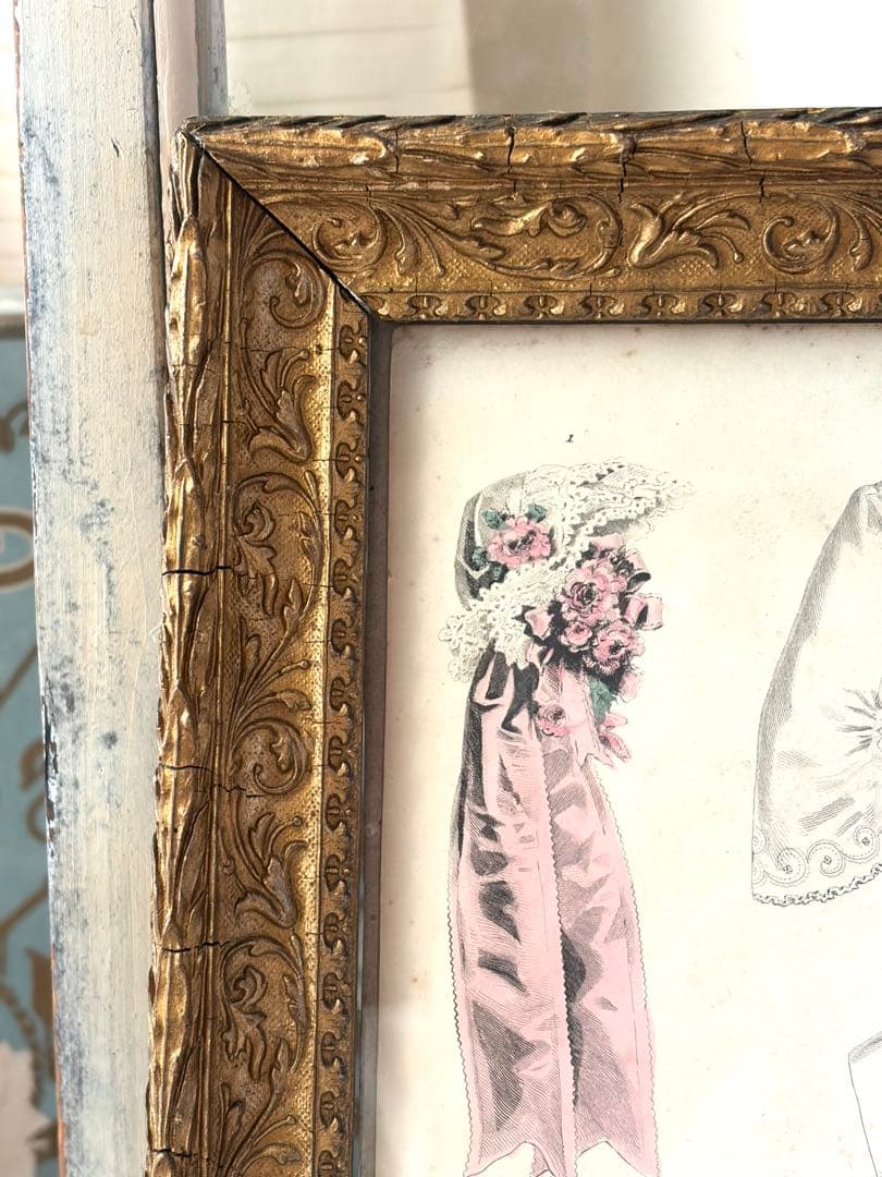 フランスアンティーク ファッションプレート 額 ガラス付き フレーム イラスト