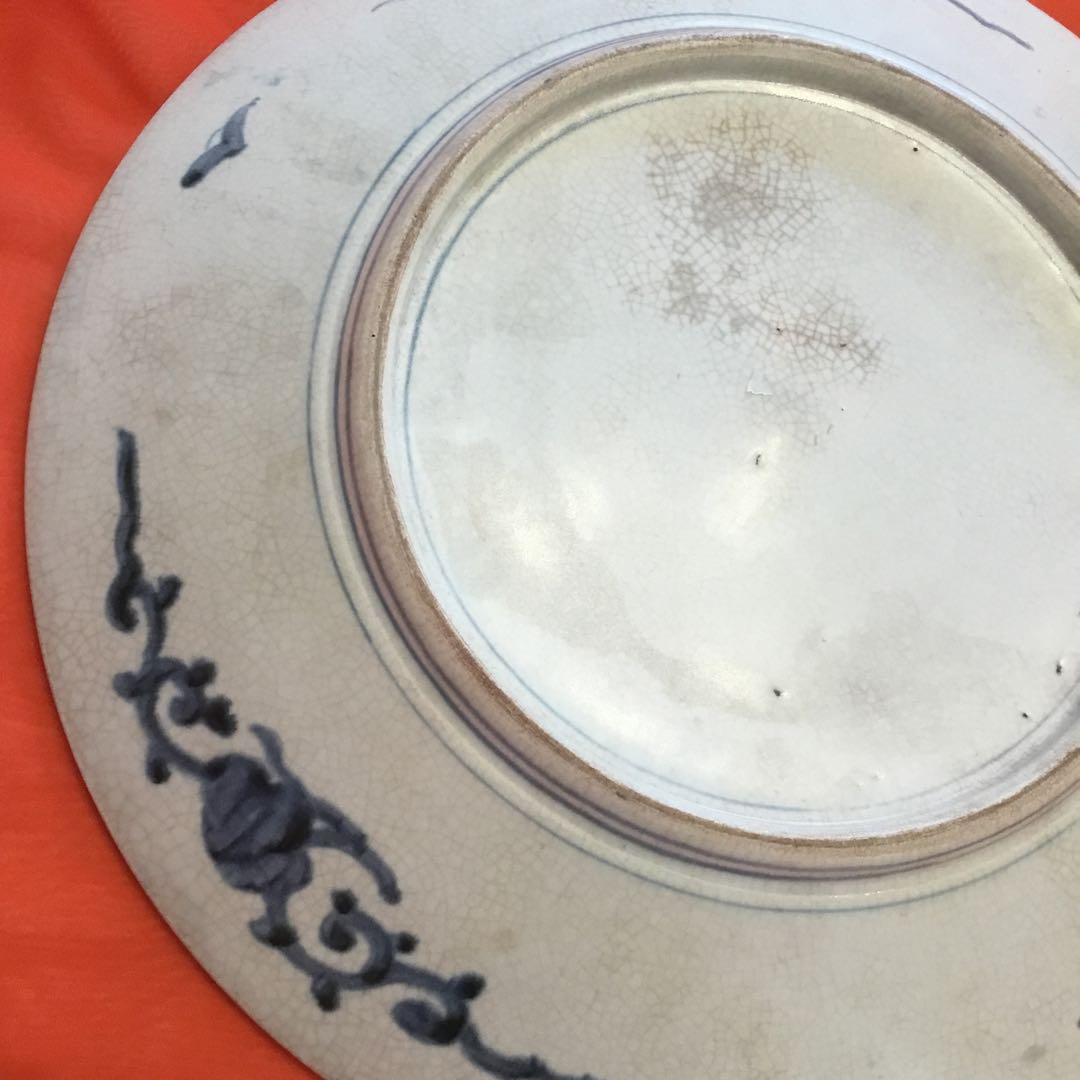 風景画と花模様の茶碗　アンティーク古い　大皿　飾り皿　約39センチ