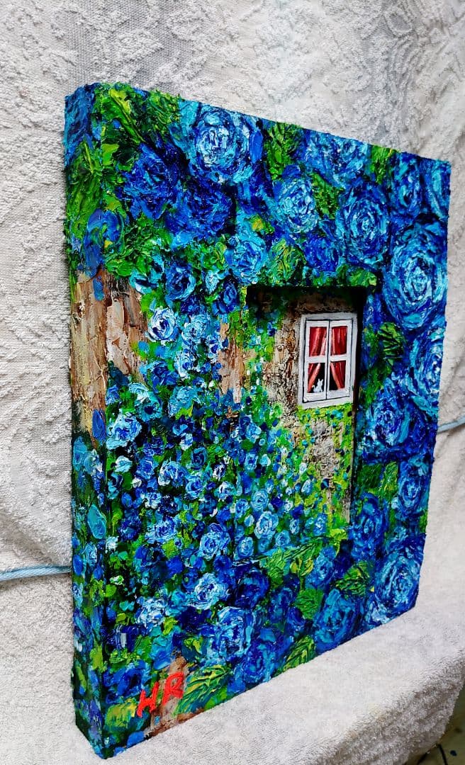 油絵 絵画【猫と青い薔薇】