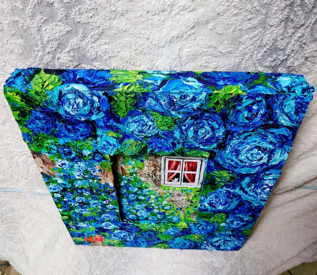 油絵 絵画【猫と青い薔薇】