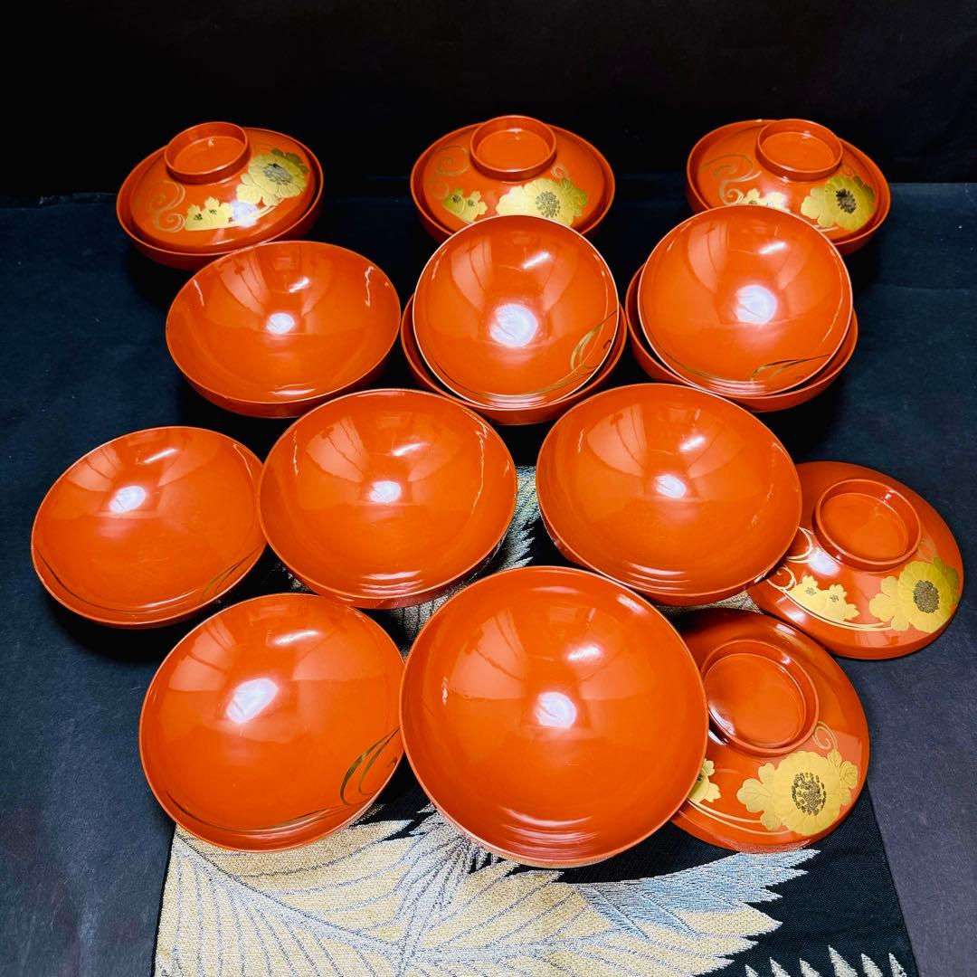 漆器　輪島塗　沈金　金蒔絵　木製　蓋付椀　お煮物椀　吸物椀　9客