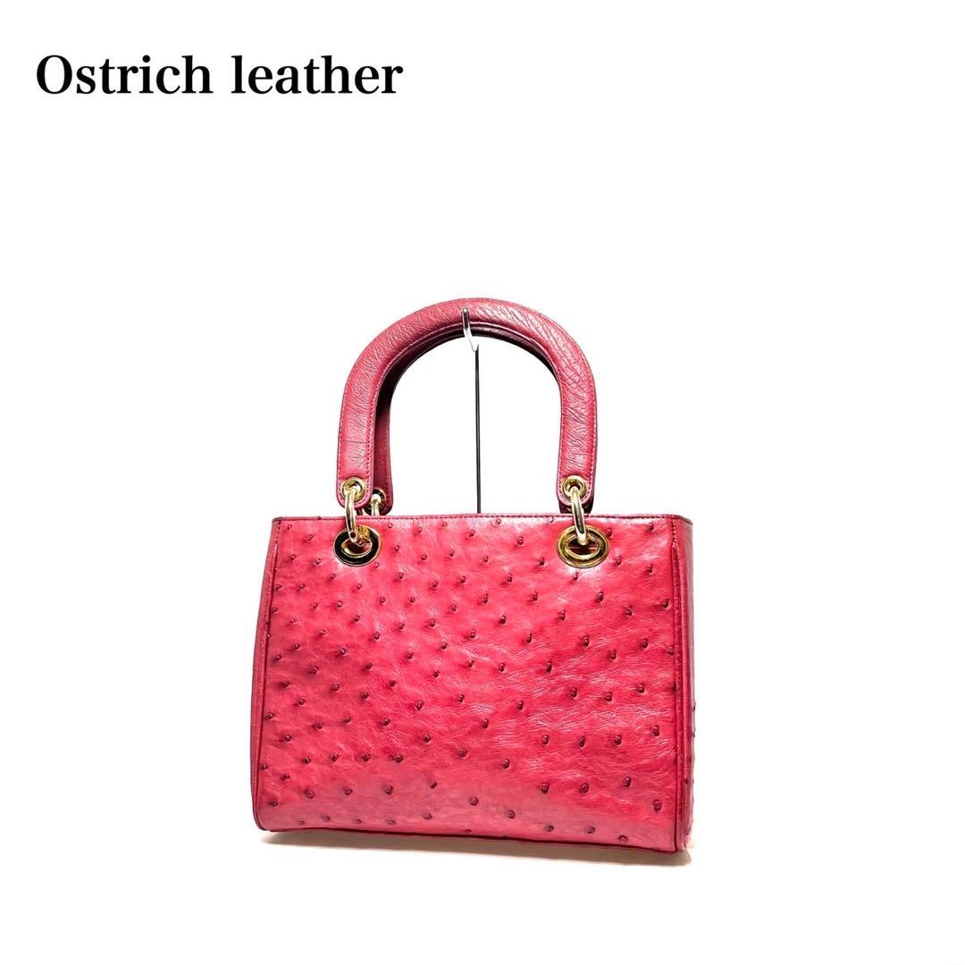 【美品】Ostrich leather オーストリッチ/レッド系色/ハンドバッグ