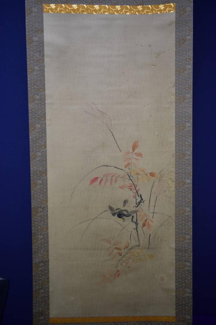 真作/狩野周信/紅葉花鳥図/桐題箱二重箱付/布袋屋掛軸HH-968