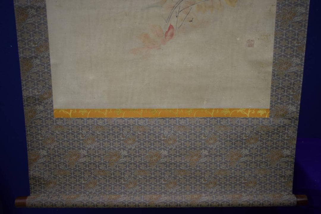 真作/狩野周信/紅葉花鳥図/桐題箱二重箱付/布袋屋掛軸HH-968