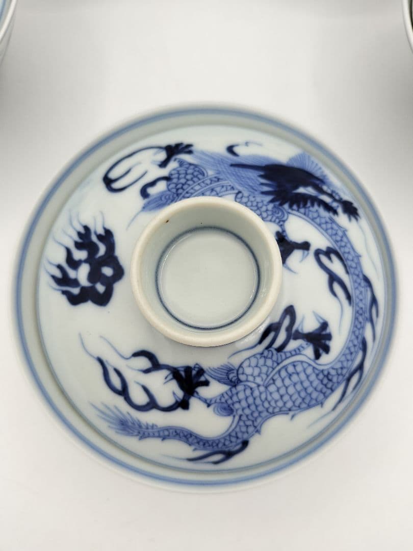 a981 蓋付碗　5客組 染付 龍の絵 爪5本 宝珠 祖母懐 古物 懐石 会席