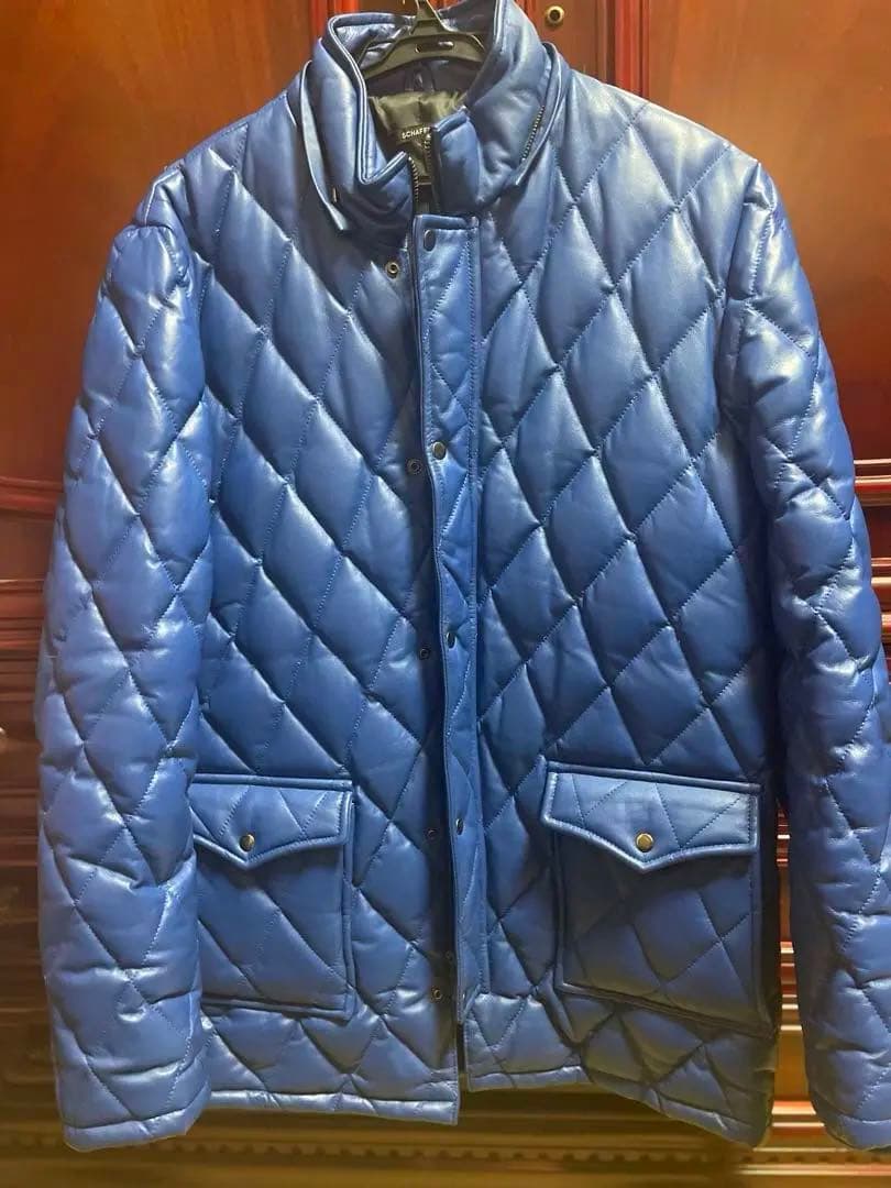 ゆうぽむぷりん高級本革 羊革 青　レザー キルティング ダイヤ ジャケット