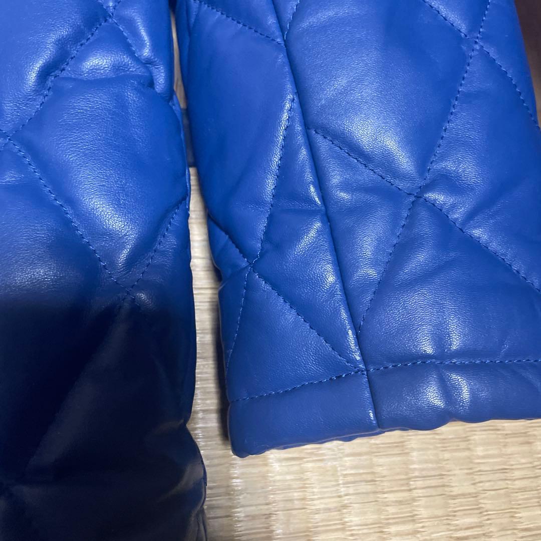 ゆうぽむぷりん高級本革 羊革 青　レザー キルティング ダイヤ ジャケット