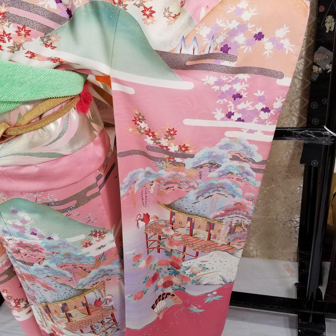 Fs112st あぜくら豪華可愛い振袖 屋敷と景観柄 金糸 正絹