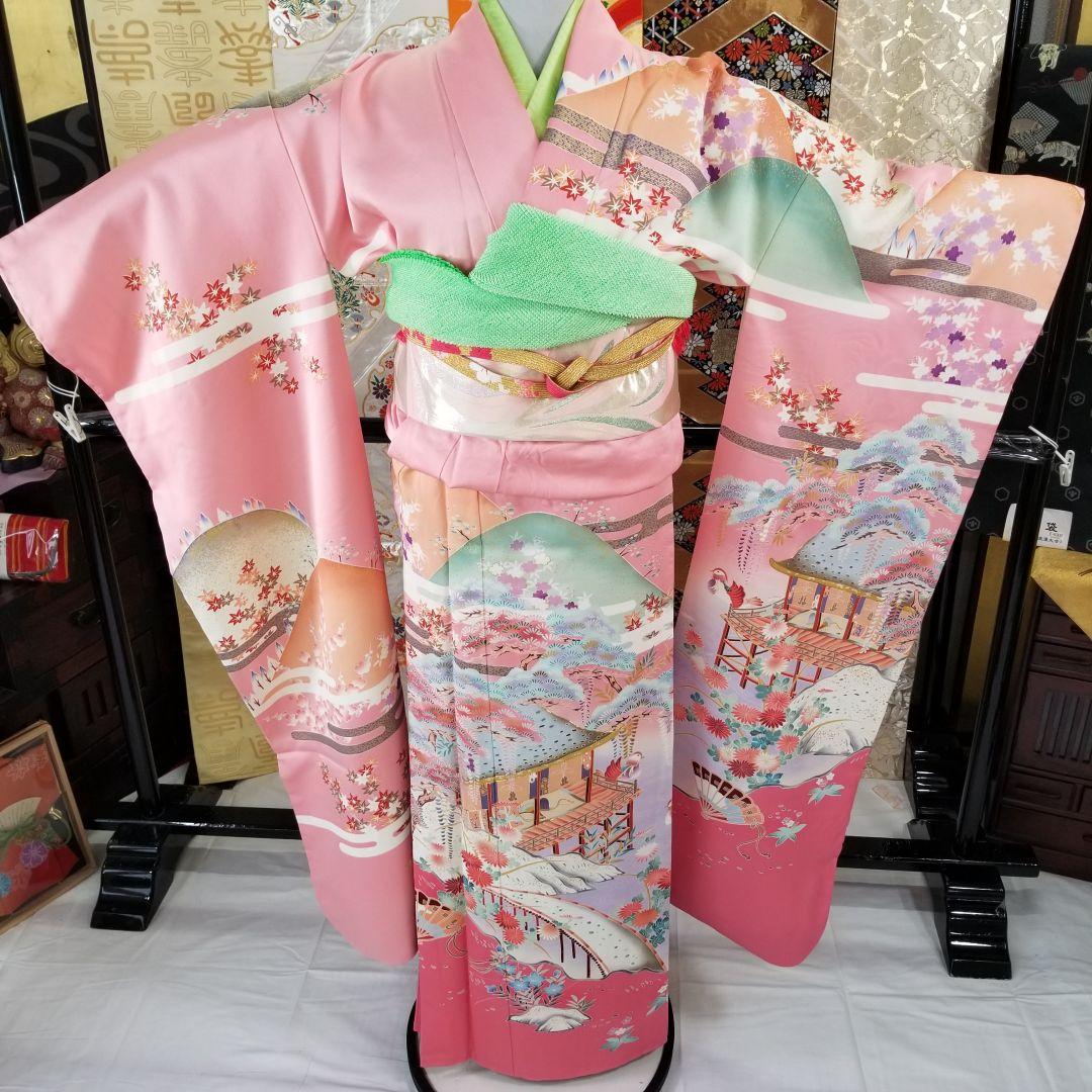 Fs112st あぜくら豪華可愛い振袖 屋敷と景観柄 金糸 正絹