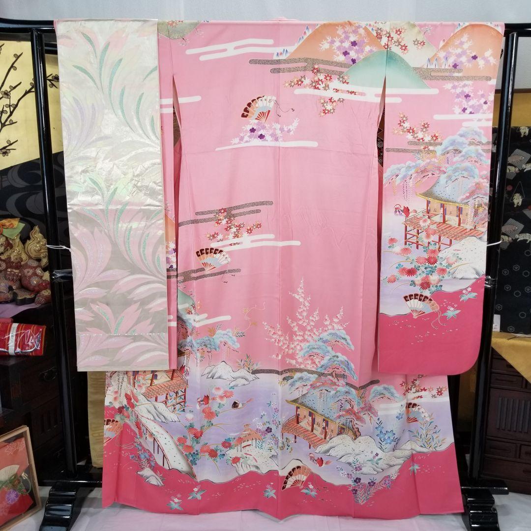 Fs112st あぜくら豪華可愛い振袖 屋敷と景観柄 金糸 正絹