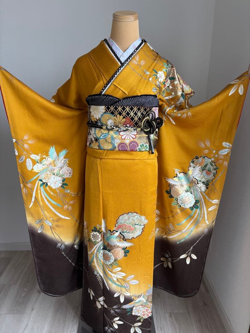 【夏の特別大特価！／8.27迄】⭐️振袖フルセット（７点） 正絹　成人式　山吹色