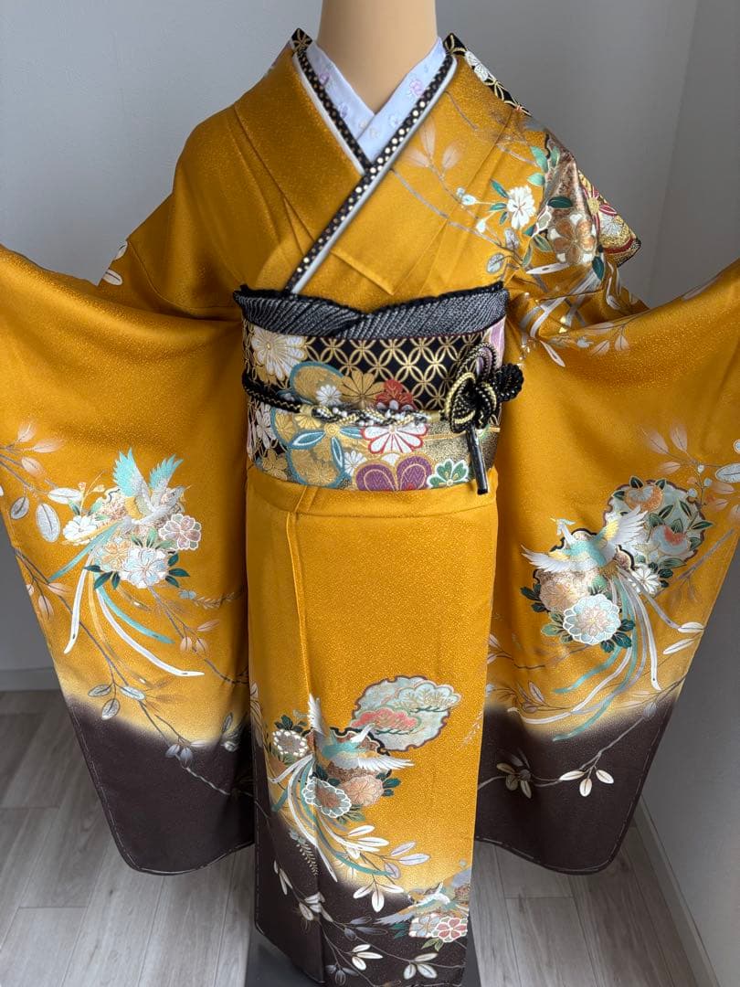 【夏の特別大特価！／8.27迄】⭐️振袖フルセット（７点） 正絹　成人式　山吹色