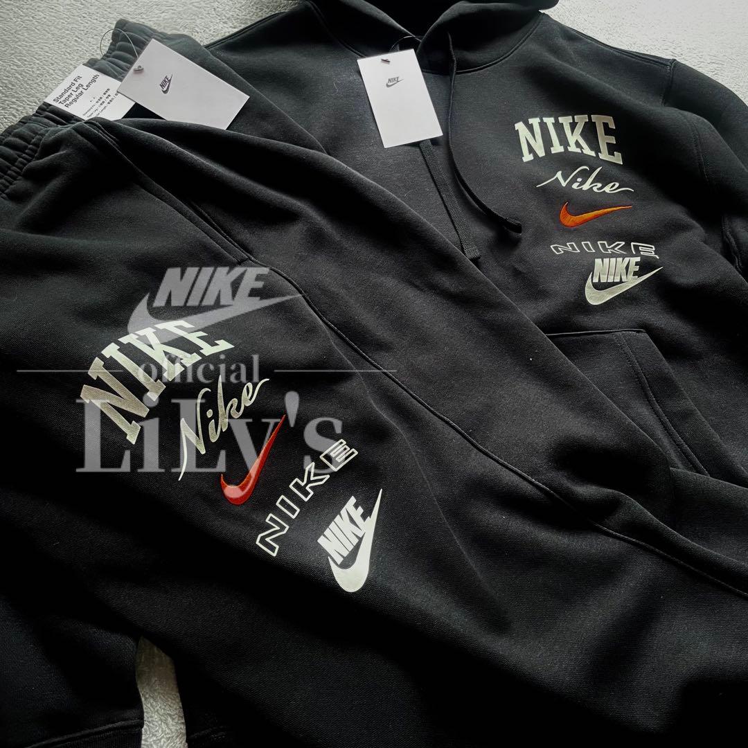 【Ｍサイズ】新品未使用　ナイキ上下セットアップ　ブラック✖︎オレンジ　黒　ロゴ刺繍