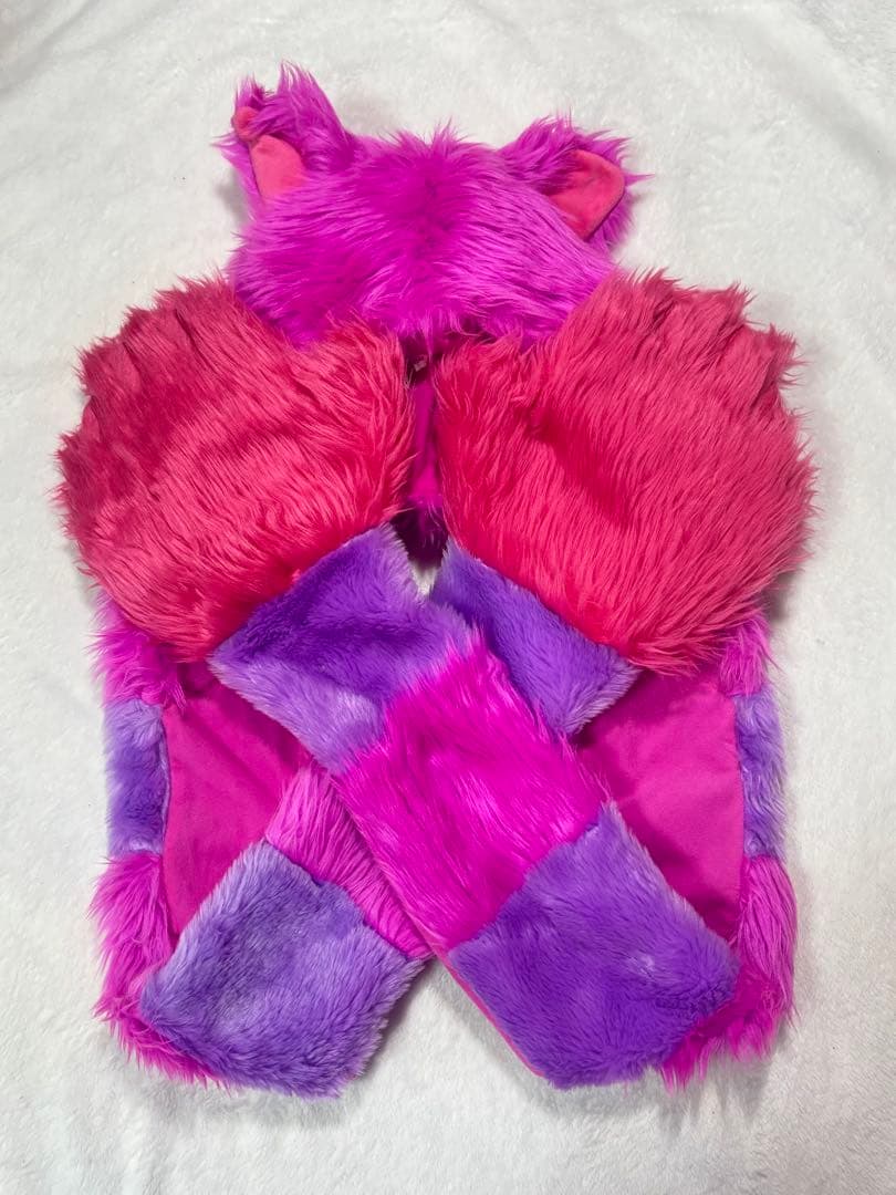 ディズニー　マフラーキャップ　ファンキャップ　チェシャ猫　ピンク　紫　手袋付き