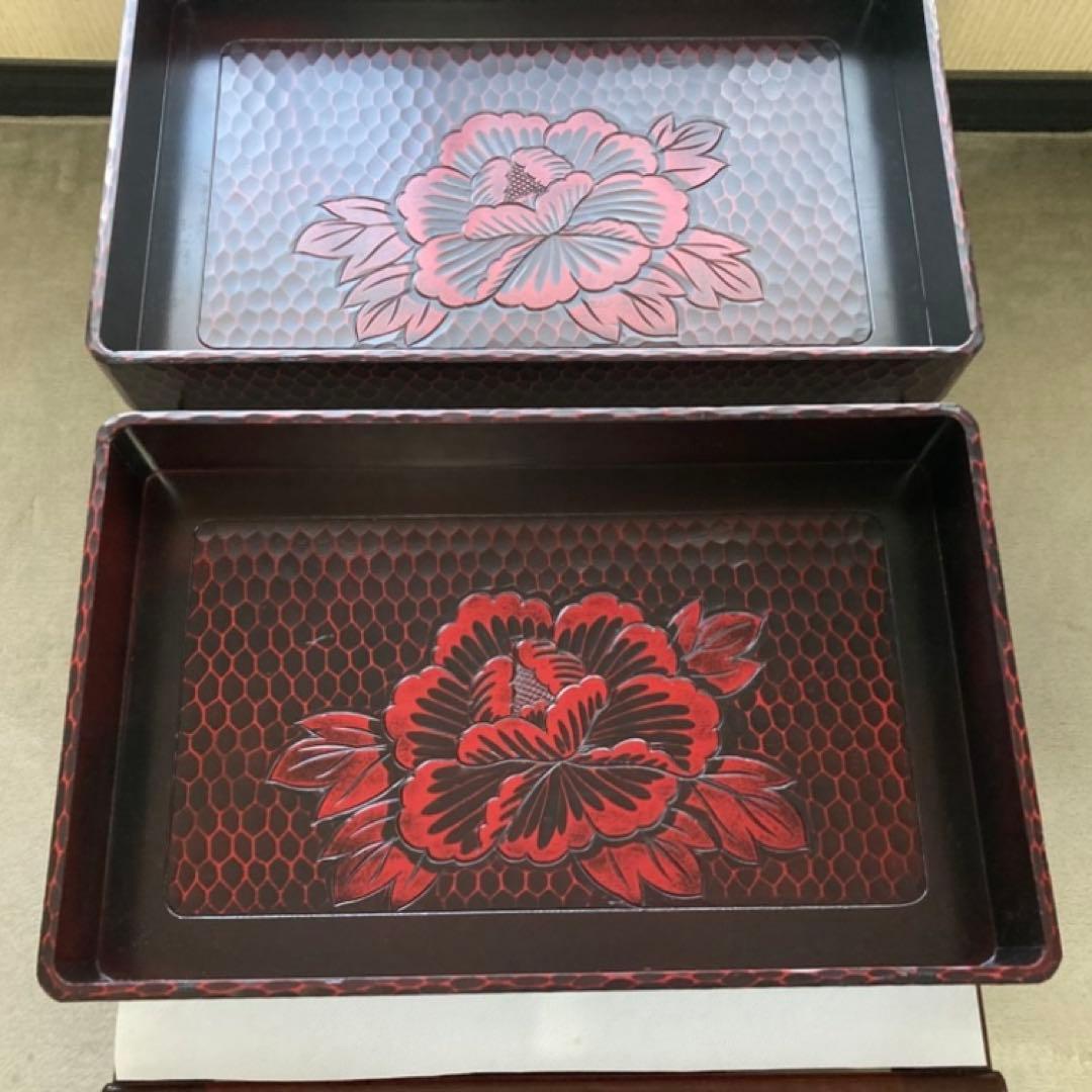 鎌倉彫 乱れ籠 衣装籠 盆 トレイ 2枚組 収納 木製 彫刻 漆塗 花柄 レトロ