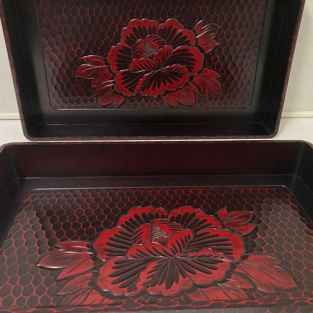 鎌倉彫 乱れ籠 衣装籠 盆 トレイ 2枚組 収納 木製 彫刻 漆塗 花柄 レトロ