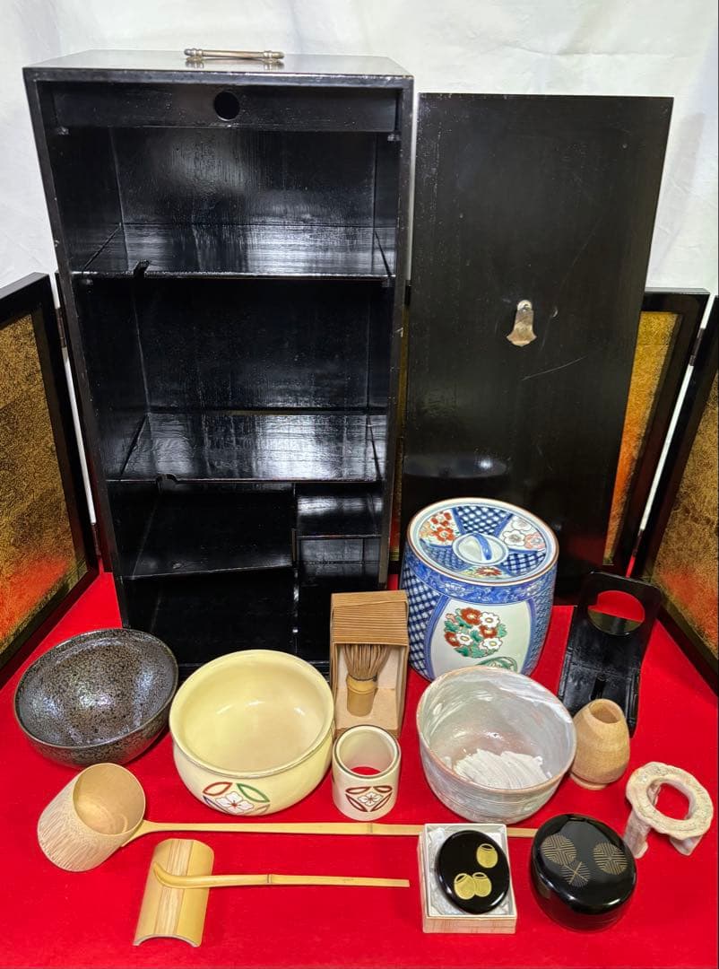 利久好み 黒漆 短冊箱 14点 水差 茶碗 建水 棗 柄杓 香合 五徳 茶道具