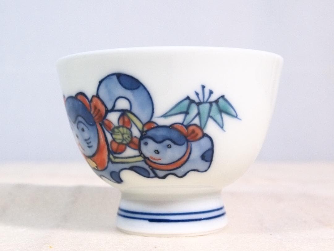 【未使用】京焼/清水焼 京都 平安吉兆 青華着彩戌三友図 茶碗6客 干支/戌年