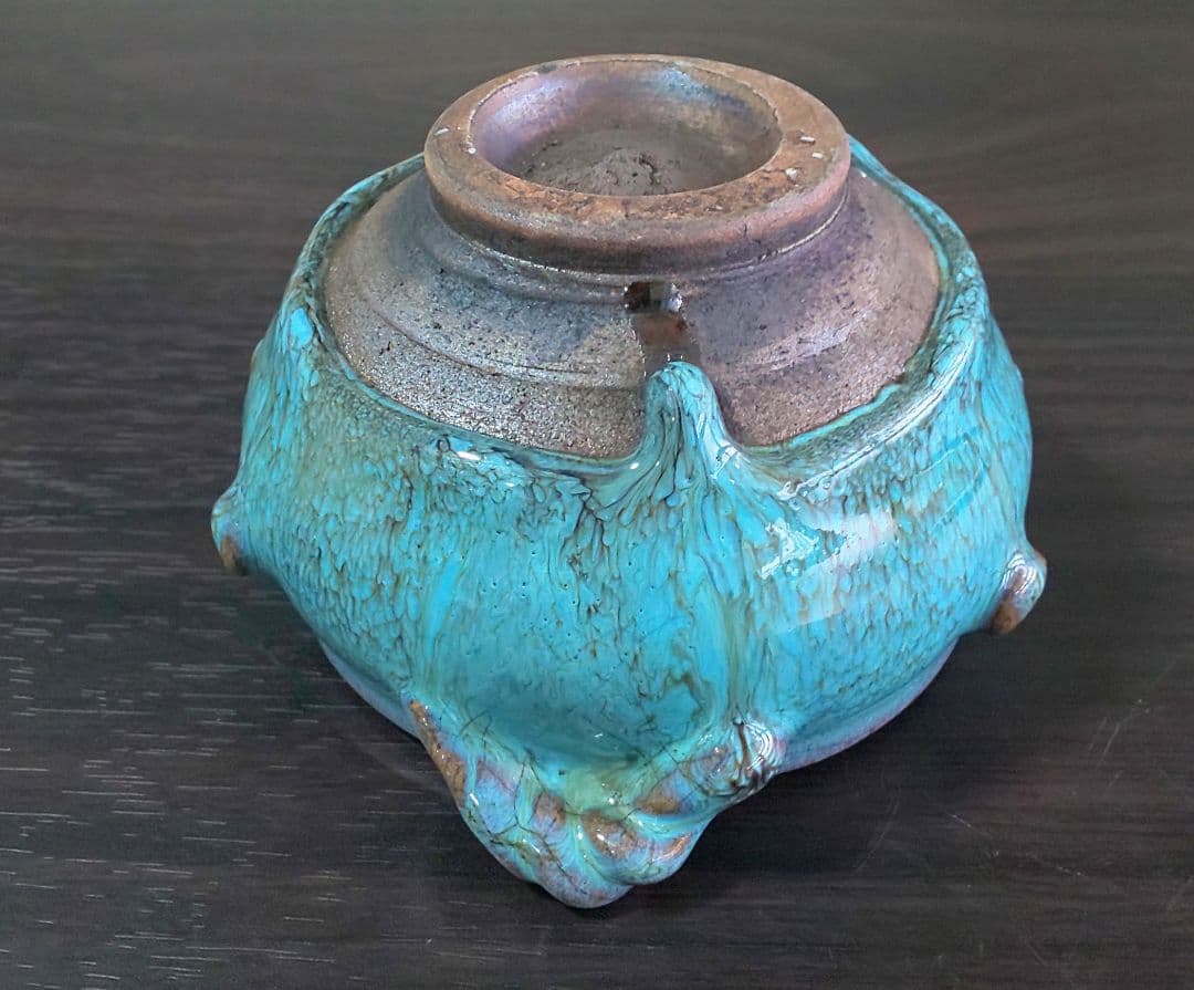 中国南宋時代 緑釉陶器 澱青釉紫紅斑 双耳香炉