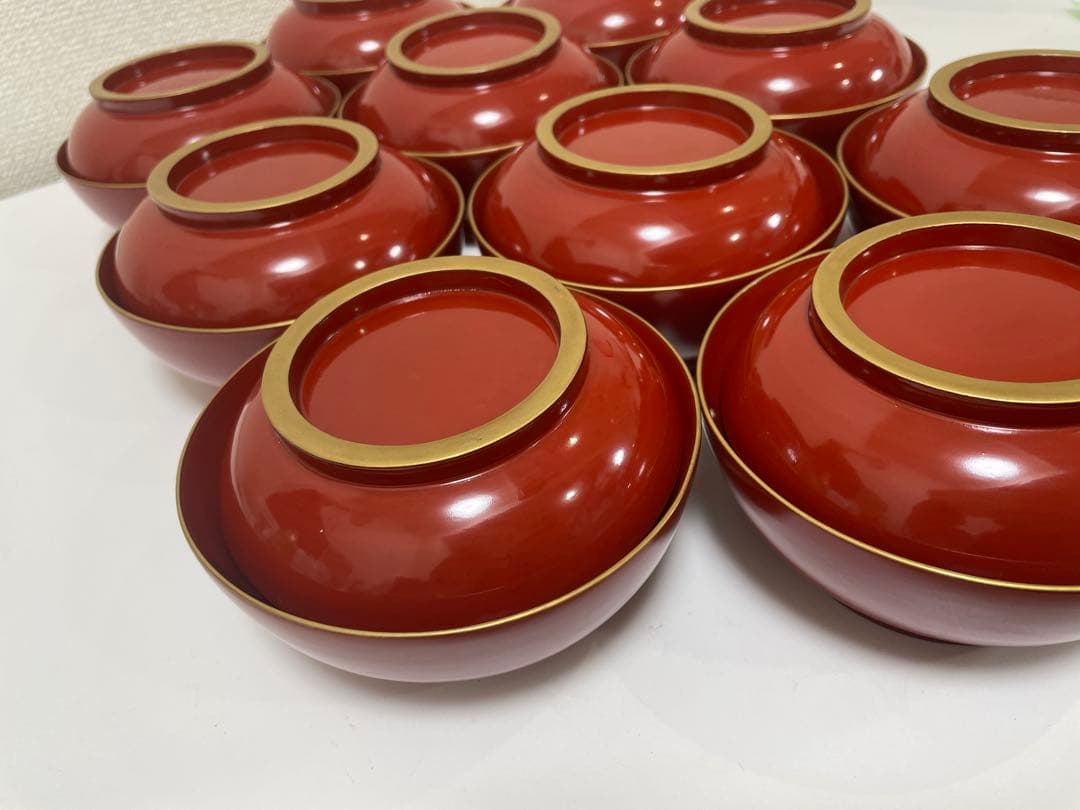 漆器 朱色 椀 10客 金縁 輪島塗 吸物椀 蓋付 無地 アンティーク レトロ