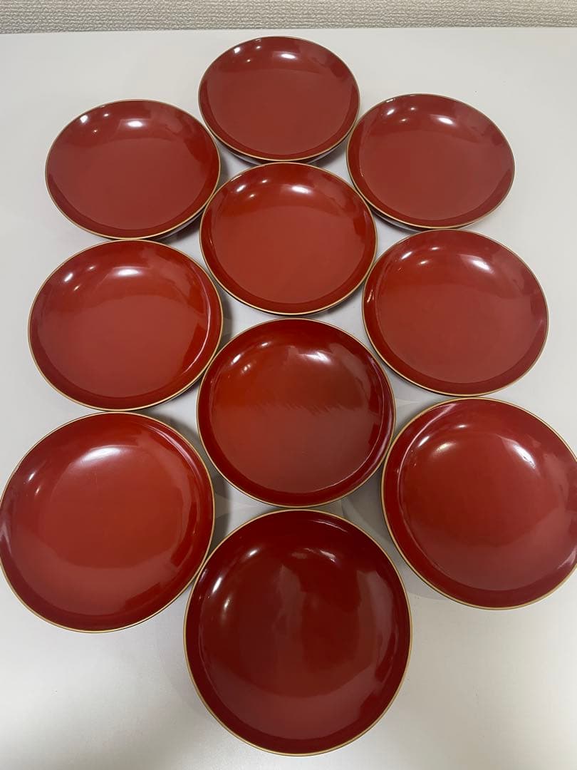 漆器 朱色 椀 10客 金縁 輪島塗 吸物椀 蓋付 無地 アンティーク レトロ