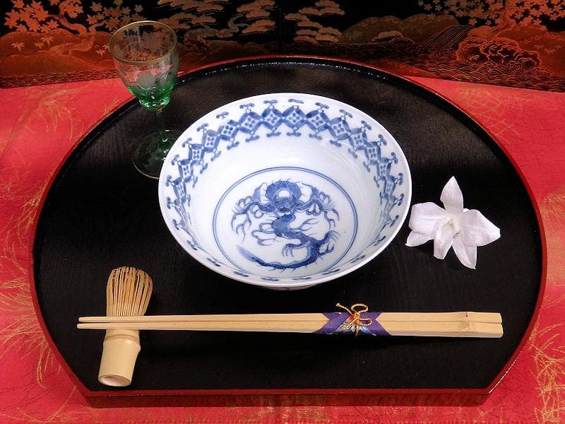 古伊万里　染付　七宝繋ぎ紋に龍の図　膾皿　５客　江戸期　A050AS-CKk