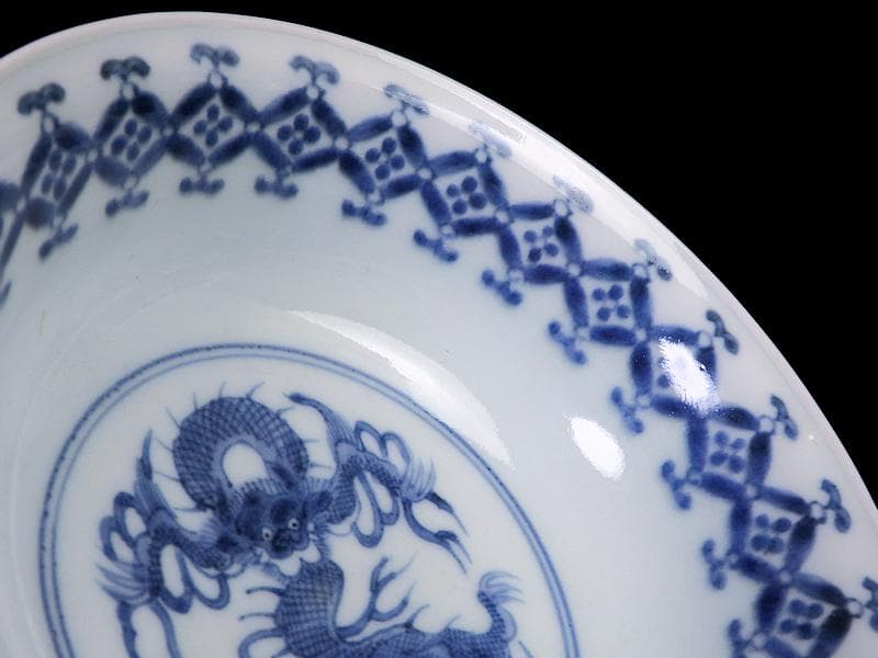 古伊万里　染付　七宝繋ぎ紋に龍の図　膾皿　５客　江戸期　A050AS-CKk