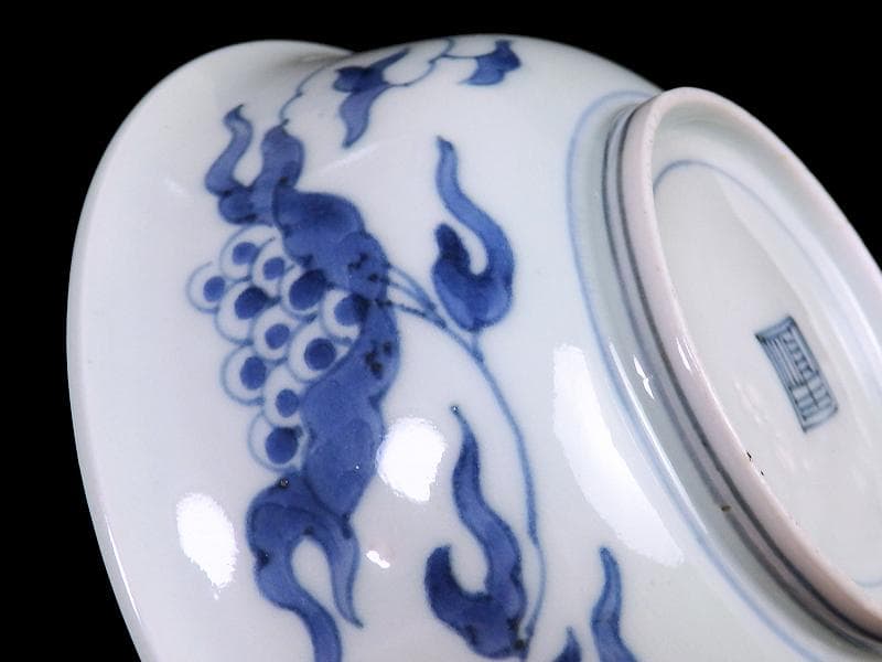 古伊万里　染付　七宝繋ぎ紋に龍の図　膾皿　５客　江戸期　A050AS-CKk