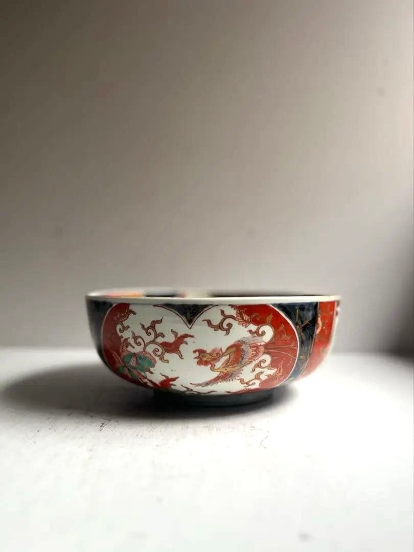 517 骨董 アンティーク 古伊万里 染付 色絵金彩窓絵鳳凰図8寸鉢 富貴長春