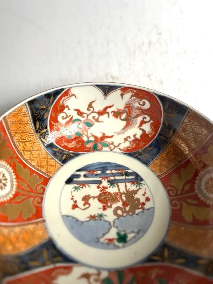 517 骨董 アンティーク 古伊万里 染付 色絵金彩窓絵鳳凰図8寸鉢 富貴長春