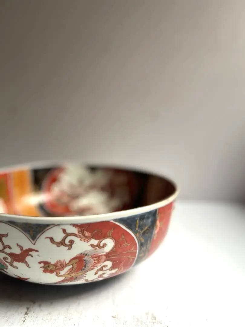 517 骨董 アンティーク 古伊万里 染付 色絵金彩窓絵鳳凰図8寸鉢 富貴長春