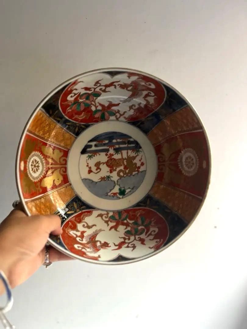 517 骨董 アンティーク 古伊万里 染付 色絵金彩窓絵鳳凰図8寸鉢 富貴長春