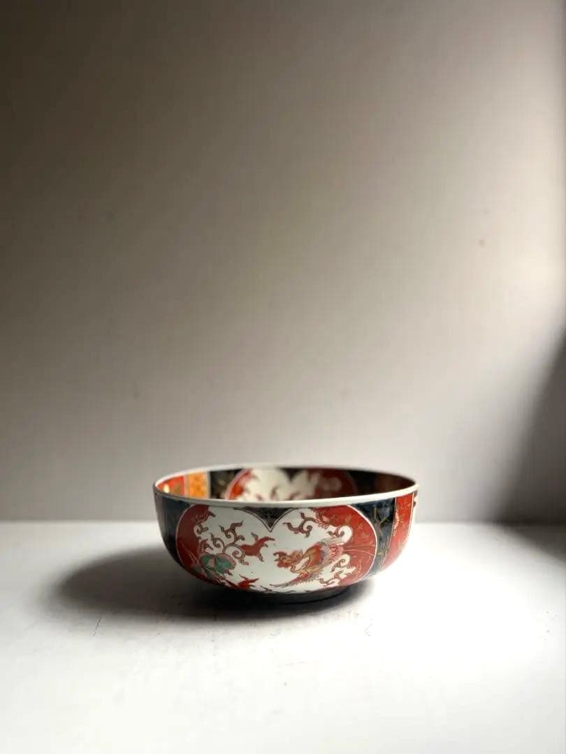 517 骨董 アンティーク 古伊万里 染付 色絵金彩窓絵鳳凰図8寸鉢 富貴長春