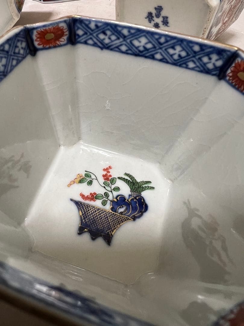 うつわ8角古伊万里 多彩花な鳳凰江戸後期 約口径 9.5㎝時代物8点木箱あり