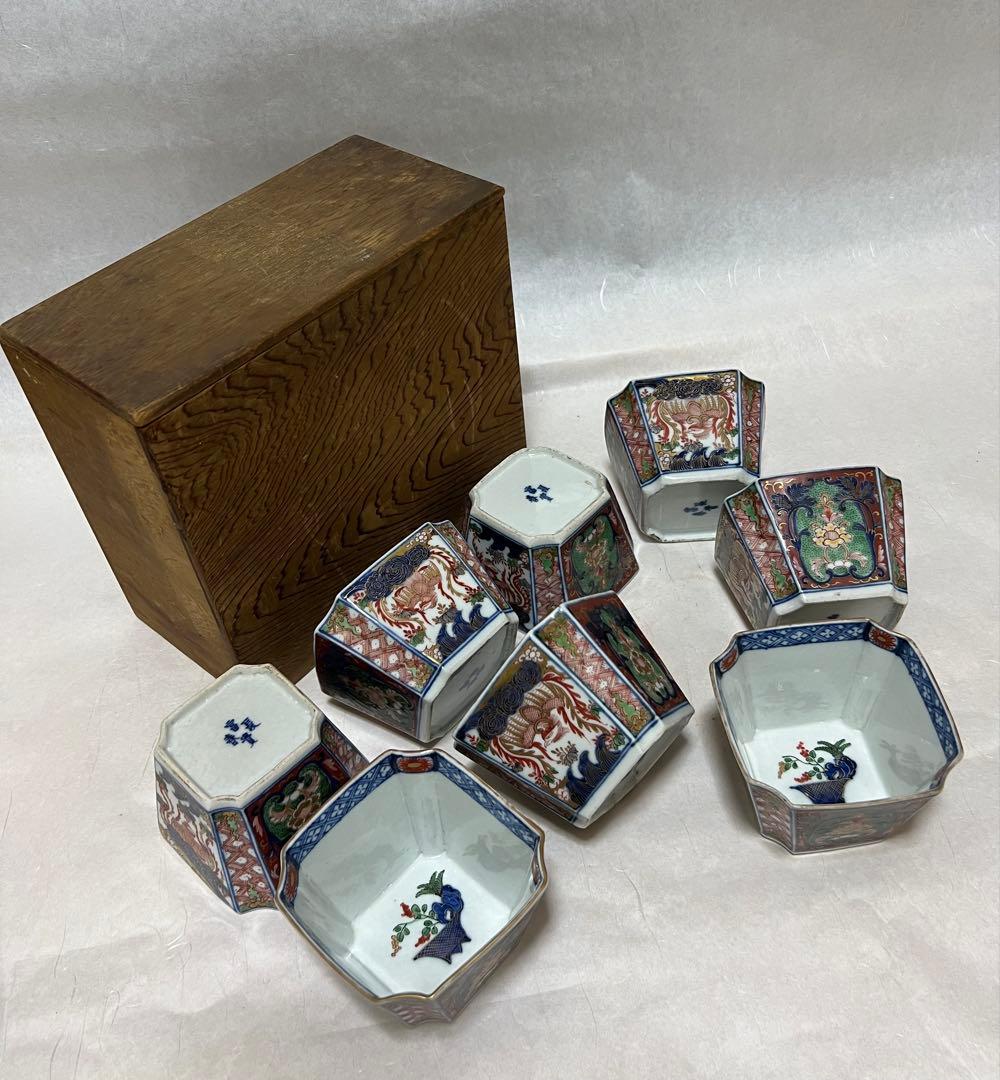 うつわ8角古伊万里 多彩花な鳳凰江戸後期 約口径 9.5㎝時代物8点木箱あり