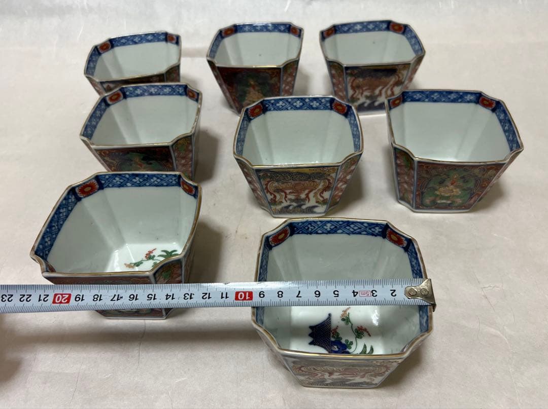 うつわ8角古伊万里 多彩花な鳳凰江戸後期 約口径 9.5㎝時代物8点木箱あり