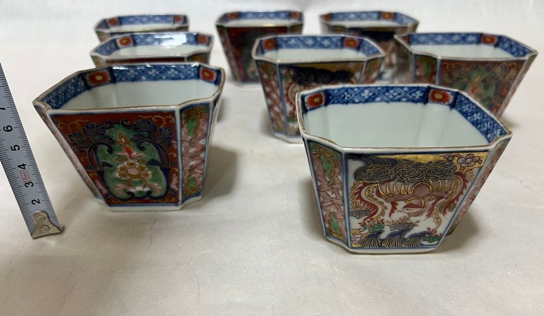 うつわ8角古伊万里 多彩花な鳳凰江戸後期 約口径 9.5㎝時代物8点木箱あり