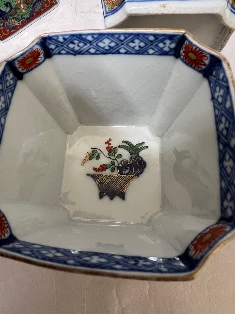 うつわ8角古伊万里 多彩花な鳳凰江戸後期 約口径 9.5㎝時代物8点木箱あり