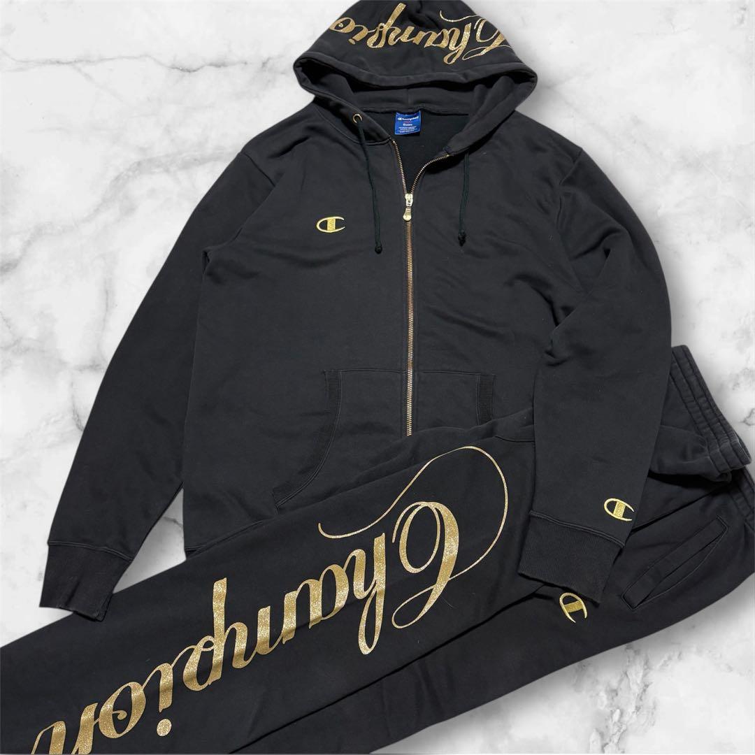 【希少】チャンピオン パーカーセットアップ　デカロゴ　XL 黒金 y2k 00'