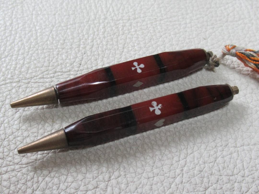 美品大正時代英国製◆フォーリン 茶黒トランプ柄 セルロイド製 先端回転式ペンシル