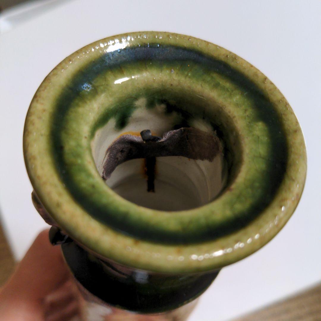 花入れ　花いれ　花器　お茶花　織部　おりべ　グリーン　耳付き　筒　茶道具