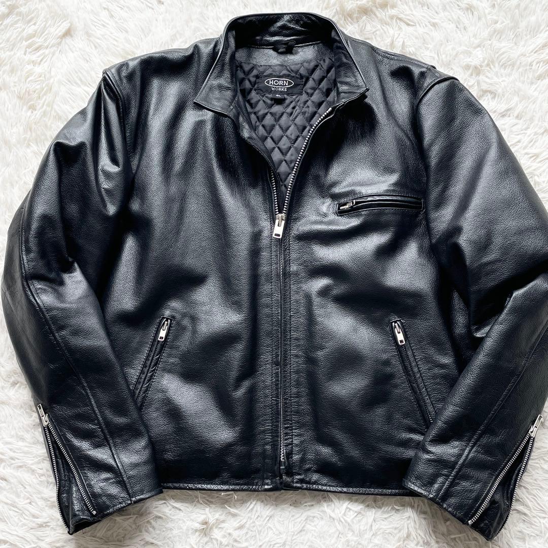 美品 希少 XXXL HORN WORKS レザー シングルライダース シボ加工