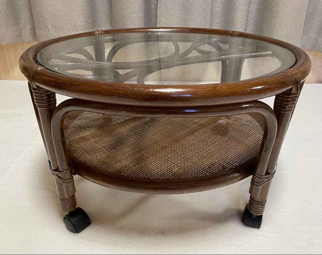 ラタン キャスター付き ガラステーブル コーヒーテーブル アジアン ビンテージ
