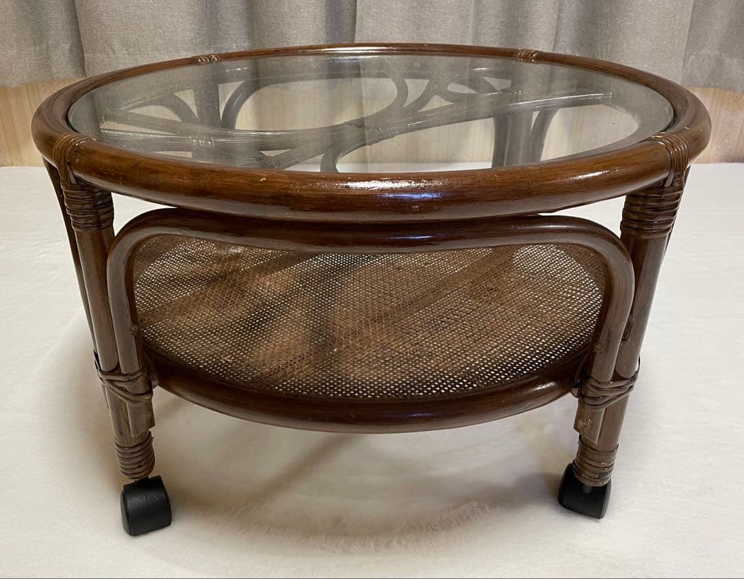 ラタン キャスター付き ガラステーブル コーヒーテーブル アジアン ビンテージ
