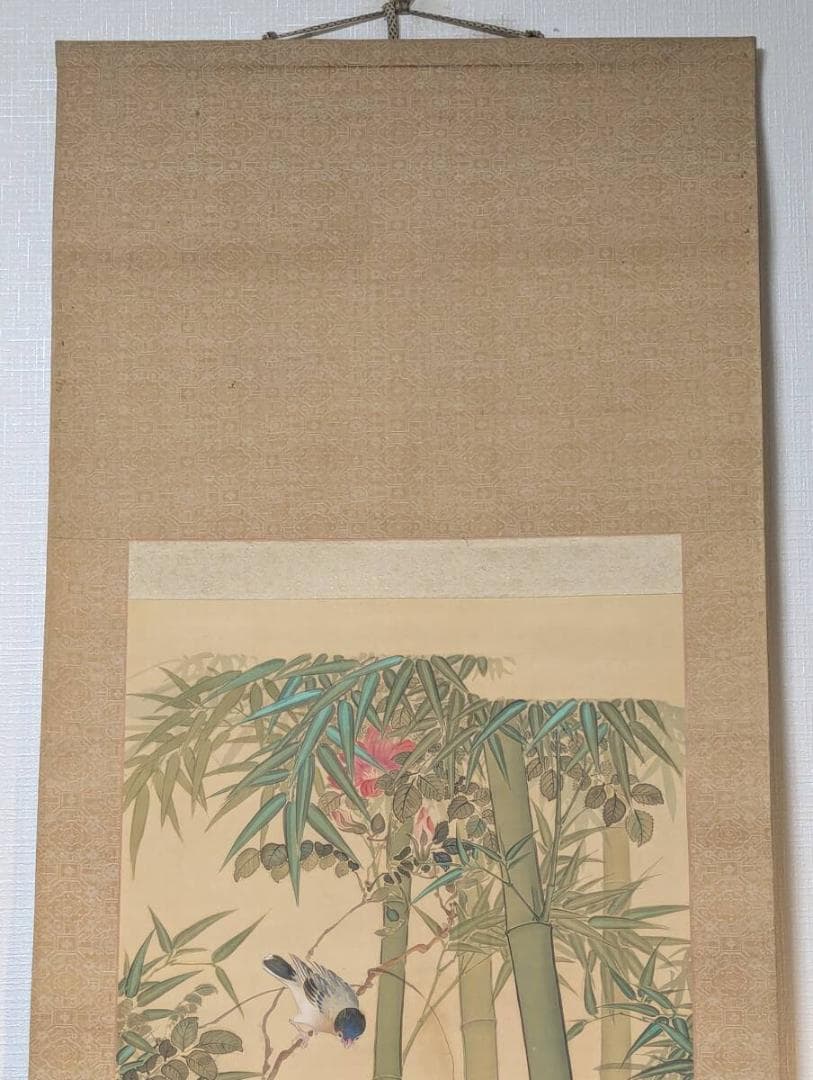 【真作】掛軸　谷川紫鳳　竹花鳥図　花と小鳥の彩色画　日本画　合箱入　U64