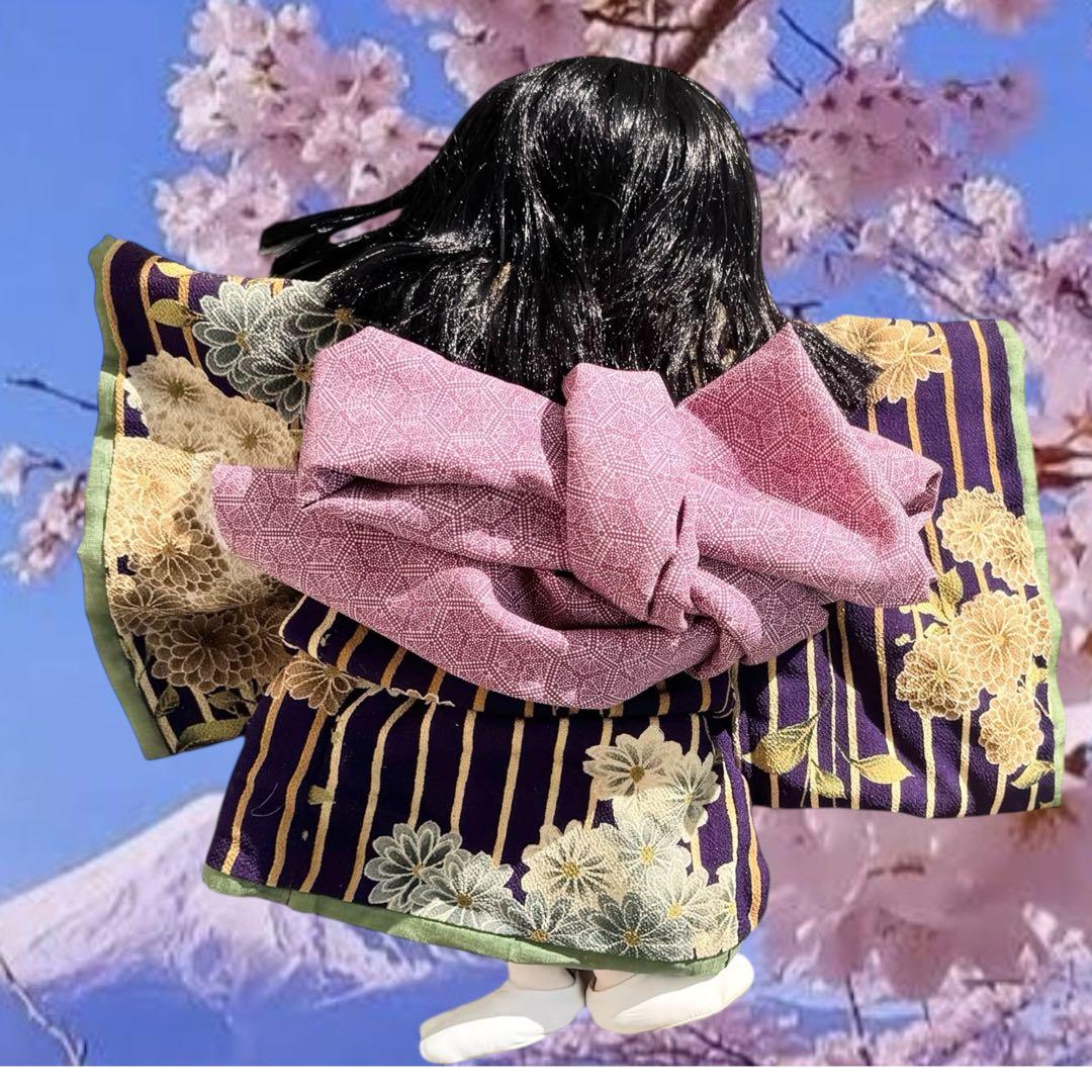 市松人形 松乾斎東光 紫 縮緬 花柄 菊 着物 ガラス 銘 印 三折れ 日本人形